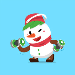 Vector cartoon character christmas snowman doing weight training for design.