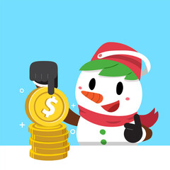 Vector cartoon christmas snowman with money coins stack for design.