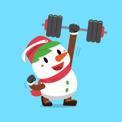 Cartoon character christmas snowman doing weight training for design.