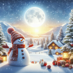 Obraz premium Panoramic view of happy snowman in winter scenery