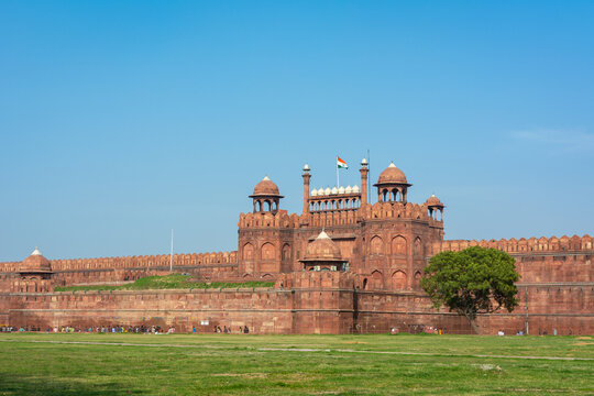 Red Fort or Lal Qila with Indian Flag. UNESCO World Heritage Site
