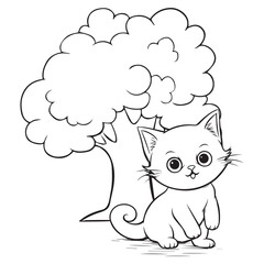 cat with a tree coloring pages for kids