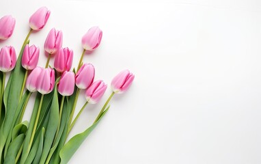 Start of spring poster. Beautiful photorealistic pink tulips bouquet isolated on white background. Garden flowers. Copy space for your text. Pastel colors. Fresh sale banner design. AI Generative.