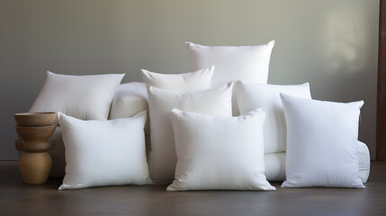 A n arrangement of clean and pristine square white pillows arranged on a shiny wooden floor