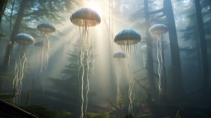 a group of mushrooms growing in a forest