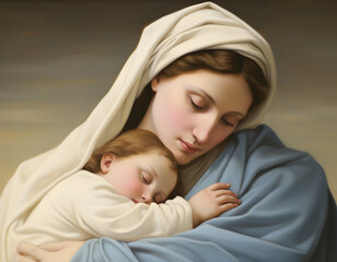 Mary hugging baby Jesus, Son of God, Christmas nativity scene
