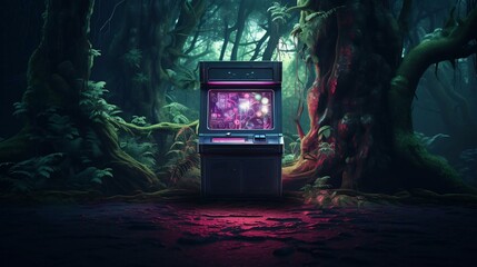 a video game console in a forest - obrazy, fototapety, plakaty