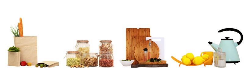 3d images of various types of kitchen equipment as a set. For interior work with png.file © Pholtana