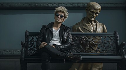 a person sitting on a bench with a statue of a person