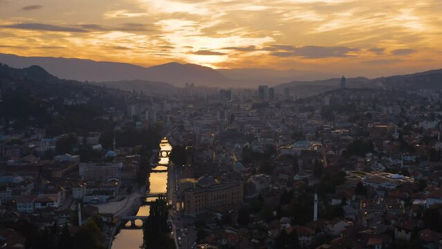 Aerial view of sunset in Sarajevo the capital of Bosnia and Herzegovina