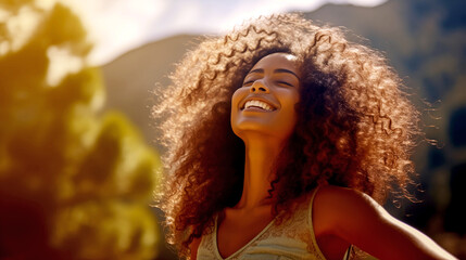 YOUNG AFRICAN AMERICAN WOMAN ENJOYING THE FEELING OF FREEDOM IN NATURE ON A SUNNY DAY. legal AI	
