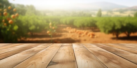 The empty wooden brown table top with blur background of farm. Exuberant image. generative AI - obrazy, fototapety, plakaty