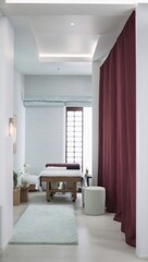 A Tranquil Escape: A Serene White Room with a Red Curtain, Bed, and Massage Parlor Vibes