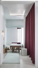 Printed roller blinds Massage parlor A Tranquil Escape: A Serene White Room with a Red Curtain, Bed, and Massage Parlor Vibes