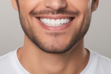  Closeup male model face with clean dental, fresh breath and happy tooth