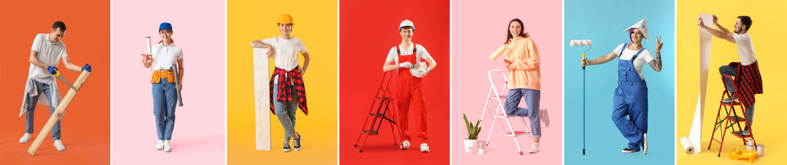 Set of people with supplies for home repair on color background