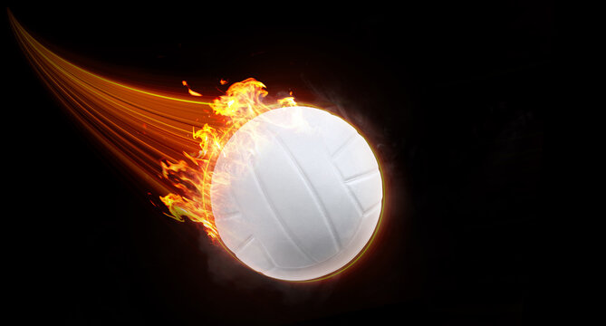 Volleyball ball flies with fast effect in black background.