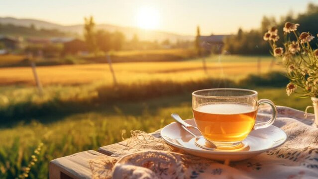 A cup of tea with a view of rice fields at sunrise. smooth looping virtual video animation background. Generated with AI