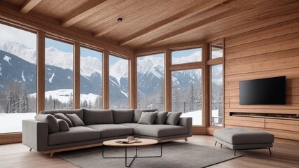 Panoramic Winter Chalet: Minimalist Living Room with Wooden Paneling, Corner Sofa, and Panoramic Window - Modern Interior Design