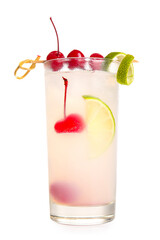Glass of tasty cocktail with maraschino cherries on white background