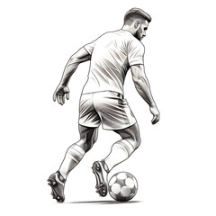 Soccer player line art, Soccer player line art with ball in action, on white background.