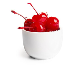 Bowl of tasty maraschino cherries on white background - obrazy, fototapety, plakaty