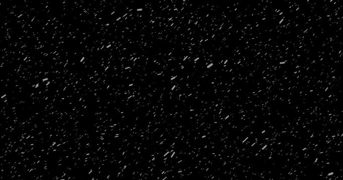 4K Cinematic snowfall loop animation of a surreal realistic snowflake falling bg. Snowfall winter overlay slowly falling motion graphic on a black backdrop.Snow flake for Christmas new year 2024,2025.