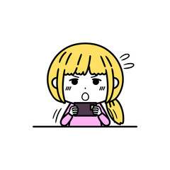 スマホゲームに熱中する女性　イラスト