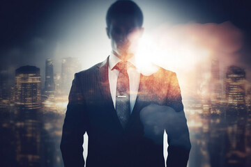 Double silhouette exposure of a mysterious businessman reflects on a window or glass with orange and blue flare light and city art work concept. Generative AI.