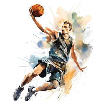 basketball player with ball, basketball player in action, watercolor.