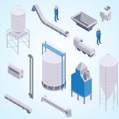 isometric production grain elevator set isolated icons with characters workers silos stipping auger vector illustration - obrazy, fototapety, plakaty
