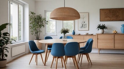 Modern Comfort: Round Wooden Dining Table with Blue Chairs in a Stylish Scandinavian Mid-century Dining Room - Elegant Interior Design