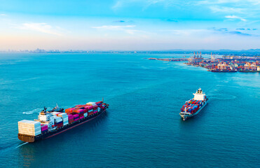 Aerial view of the freight shipping transport system cargo ship container. international transportation Export-import business, logistics, transportation industry concepts - obrazy, fototapety, plakaty