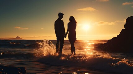 a man and woman standing in the water with the sun setting behind them