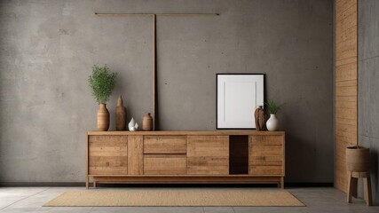 Rustic Charm: Wooden Cabinet and Dresser Against Concrete Wall with Empty Mock-up Poster Frame and Copy Space in a Modern Living Room - Trendsetting Interior Design