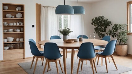 Scandinavian Dining: Round Wooden Table with Blue Chairs in a Mid-century Dining Room - Trendsetting Interior Design