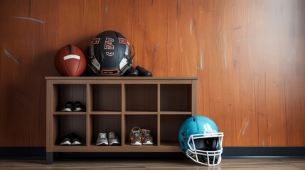protective gear: football helmet resting on locker room bench – sports equipment wallpaper
