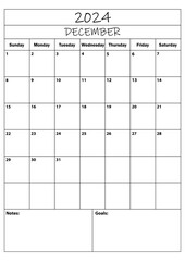 2024 DECEMBER planner. calendar planner. simple minimal calendar. vector illustration. Daily Planner Design 2024. Life and Business Planner Organizer Schedule.