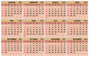 2024 calendar set. Color vector pocket calendar design. The week starts on Sunday. January, February, March, April, May, June, July, August, September, October, November, December