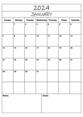 2024 JANAURY planner. calendar planner. simple minimal calendar. vector illustration. Daily Planner Design 2024. Life and Business Planner Organizer Schedule.