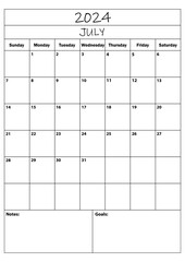 2024 July planner. calendar planner. simple minimal calendar. vector illustration. Daily Planner Design 2024. Life and Business Planner Organizer Schedule.