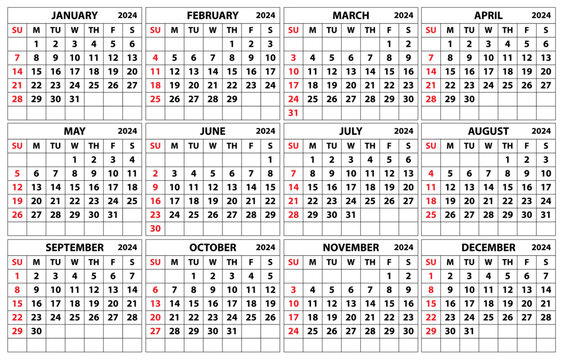 2024 calendar set. Color vector pocket calendar design. The week starts on Sunday. January, February, March, April, May, June, July, August, September, October, November, December
