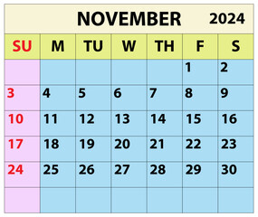 2024 November month calendar Color vector illustrator calendar design. 