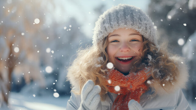 Cheerful girl in warm clothes playing with snow outdoors near the beautiful forest
