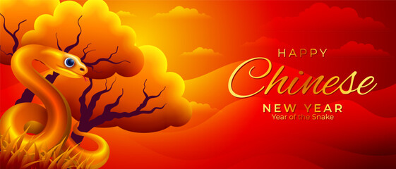 Happy Chinese New Year of the snake banner,  golden snake with red cloudy sky background