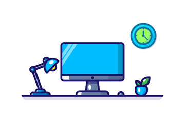 Illustration of desk with computer lamp and plant cartoon icon vector illustration white background.