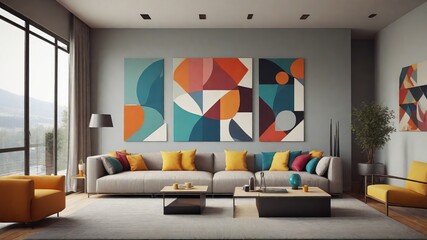 Abstract Elegance: Suprematism Style Interior Design with Abstract Geometric and Colorful Shapes in a Modern Living Room - Stylish Interior Design Trend