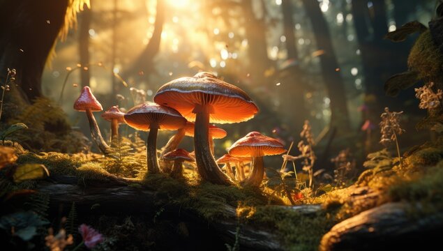 Enchanted Forest Floor: Mushrooms Basking in Golden Sunlight
