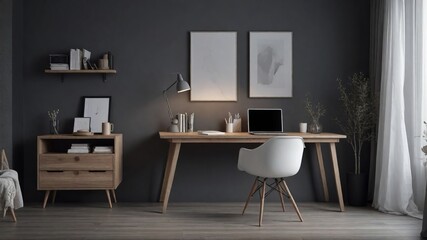Scandinavian Workspace: White Chair and Wooden Drawer Near Window in a Modern Home Office - Interior Design Inspiration