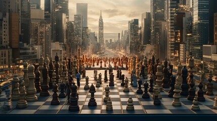 a chess board in a city - obrazy, fototapety, plakaty